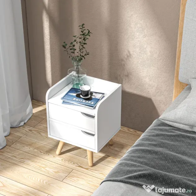 Noptiera alba cu 2 sertare extemsibilie, picioare din pin, mobila pentru casa,33x28x42cm HOMCOM | Aosom RO