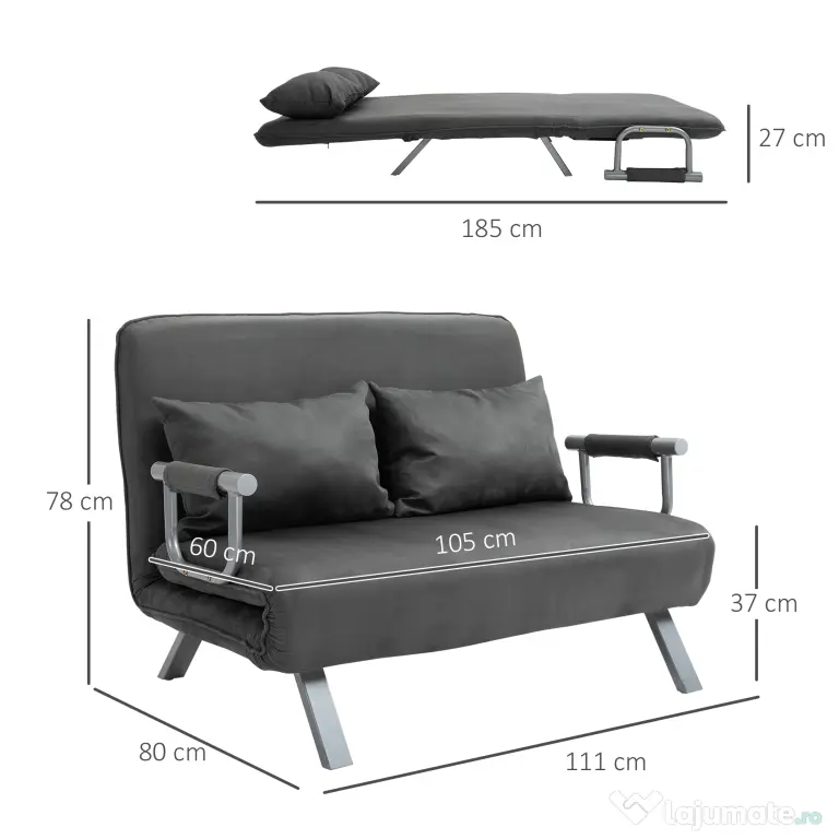 HOMCOM Canapea Extensibilă cu Șezut Reglabil în 5 Poziții și Perne Detașabile, Canapea din Imitație de Piele, 105x80x78 cm, Gri | Aosom Romania
