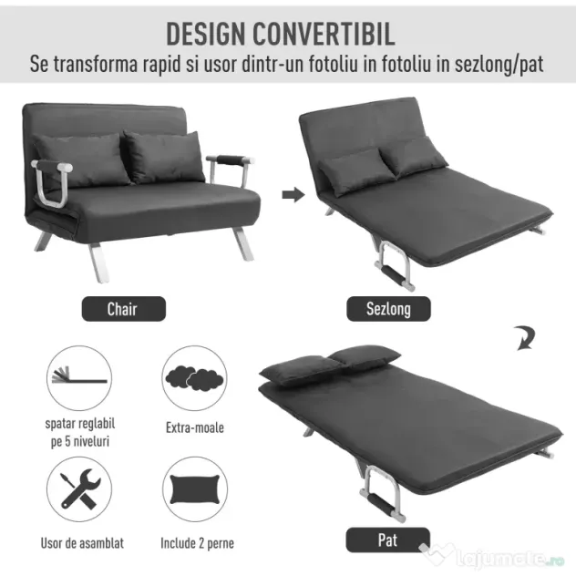 HOMCOM Canapea Extensibilă cu Șezut Reglabil în 5 Poziții și Perne Detașabile, Canapea din Imitație de Piele, 105x80x78 cm, Gri | Aosom Romania