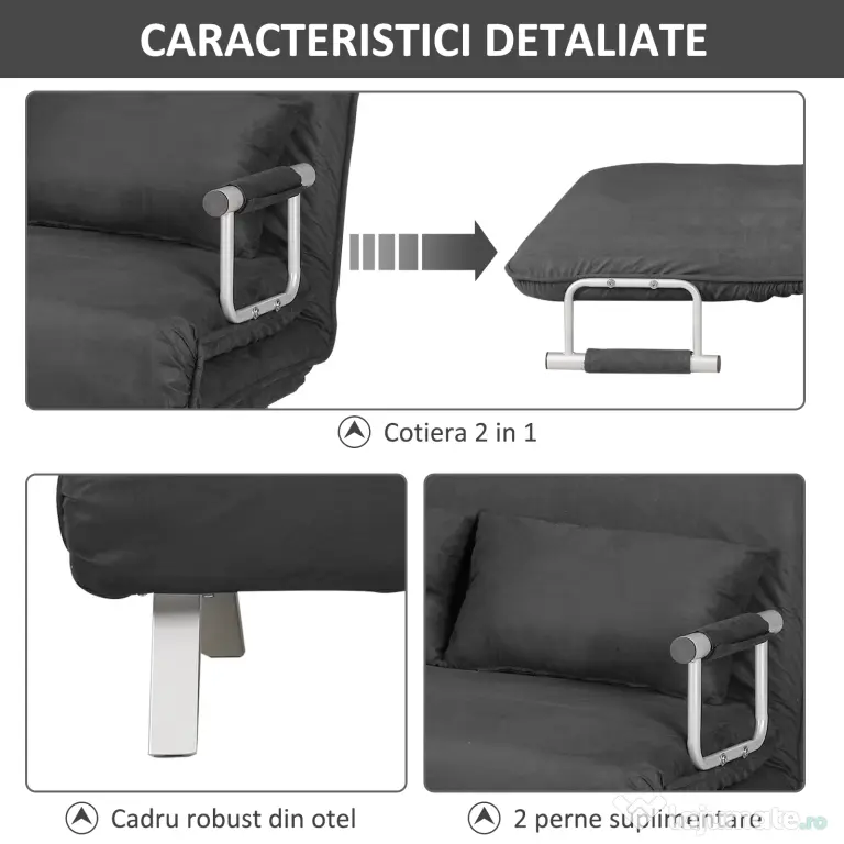HOMCOM Canapea Extensibilă cu Șezut Reglabil în 5 Poziții și Perne Detașabile, Canapea din Imitație de Piele, 105x80x78 cm, Gri | Aosom Romania