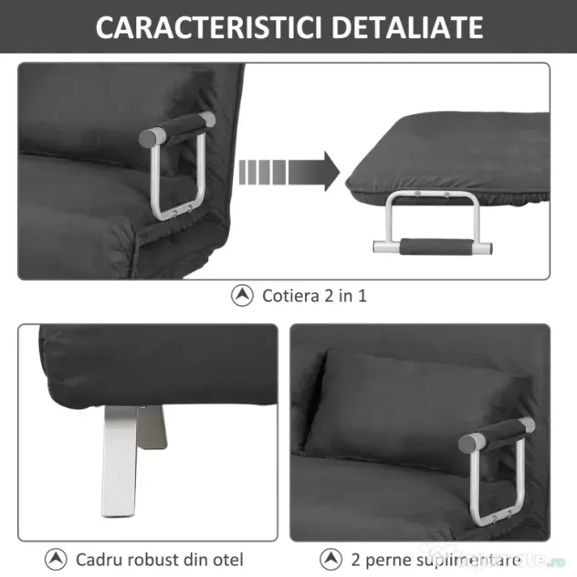 HOMCOM Canapea Extensibilă cu Șezut Reglabil în 5 Poziții și Perne Detașabile, Canapea din Imitație de Piele, 105x80x78 cm, Gri | Aosom Romania