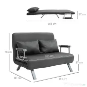 HOMCOM Canapea Pat 2 Locuri din Imitatie de Piele și Oțel cu Spătar Reglabil în 5 Poziții, 105x80x78 cm, Gri