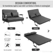 HOMCOM Canapea Pat 2 Locuri din Imitatie de Piele și Oțel cu Spătar Reglabil în 5 Poziții, 105x80x78 cm, Gri