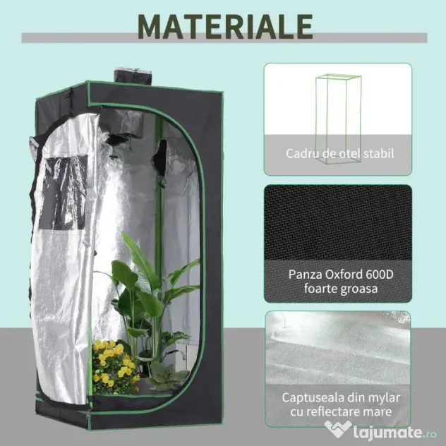 Outsunny Cort pentru Cultura Hidroponică, Spațiu de Creștere Plante, 60x60x140 cm, Rezistent la Lumină, Negru | Aosom Romania