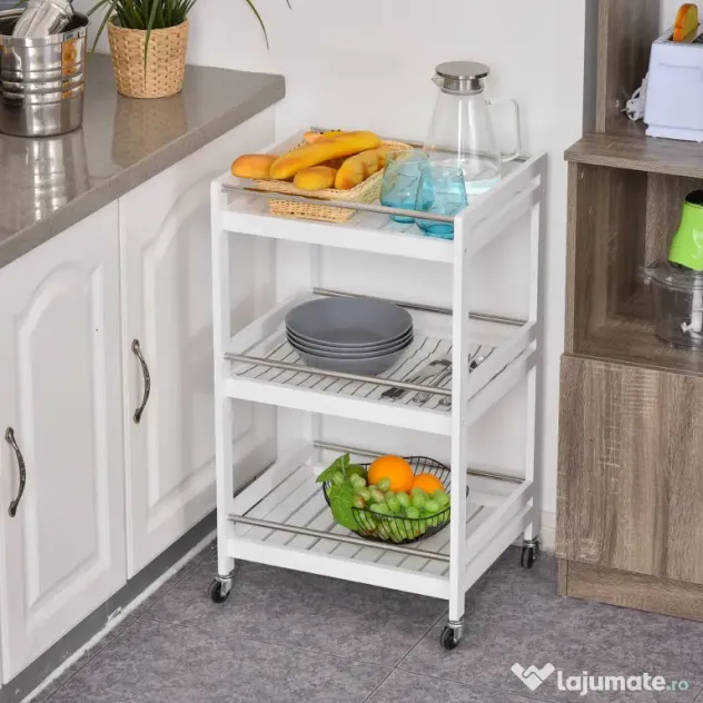 HOMCOM Cărucior de Bucătărie Alb, Lemn și Oțel Inox, 3 Etajere, 4 Roți, Design Modern și Funcțional | Aosom Romania