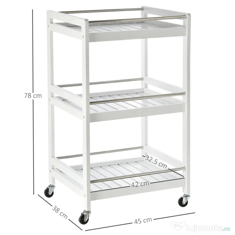 HOMCOM Cărucior de Bucătărie Alb, Lemn și Oțel Inox, 3 Etajere, 4 Roți, Design Modern și Funcțional | Aosom Romania