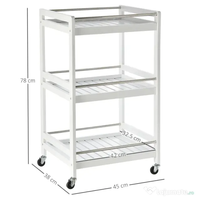 HOMCOM Cărucior de Bucătărie Alb, Lemn și Oțel Inox, 3 Etajere, 4 Roți, Design Modern și Funcțional | Aosom Romania