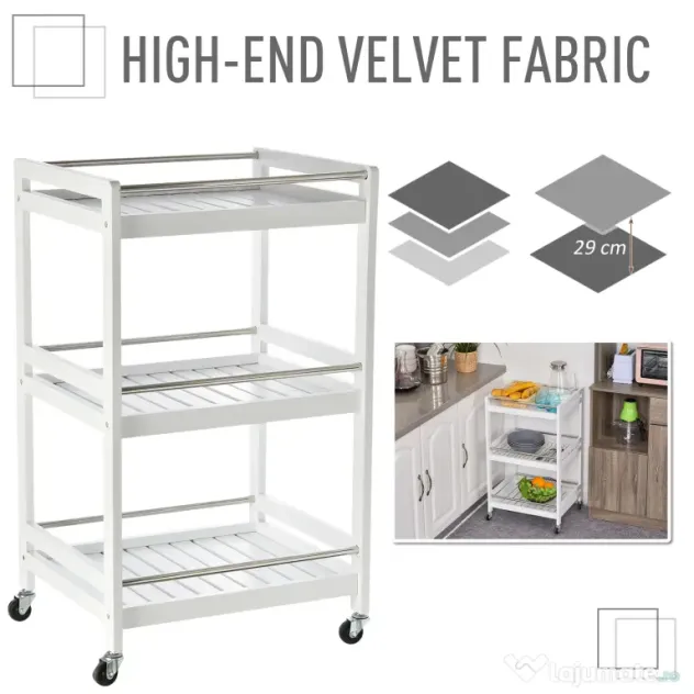 HOMCOM Cărucior de Bucătărie Alb, Lemn și Oțel Inox, 3 Etajere, 4 Roți, Design Modern și Funcțional | Aosom Romania