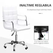 Homcom Scaun Birou Alb – Captusit, Reglabil & Mobil pe Roti 