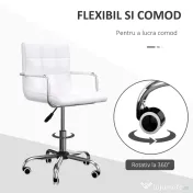 Homcom Scaun Birou Alb – Captusit, Reglabil & Mobil pe Roti 