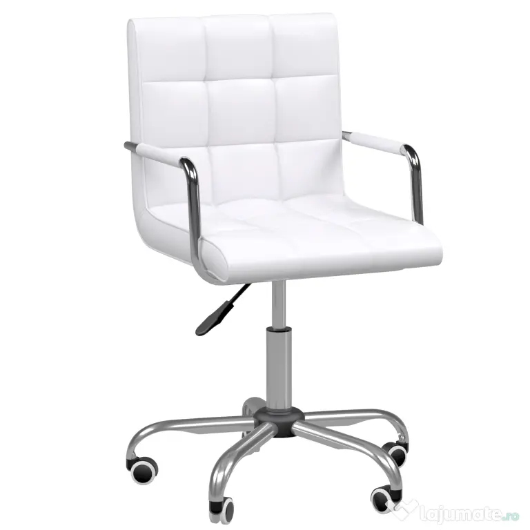 HOMCOM Scaun de Birou din Piele PU cu 5 Rotile Pivotante, Capitonaj și Înălțime Reglabilă, 52,5x54x84-99 cm, Alb | Aosom Romania
