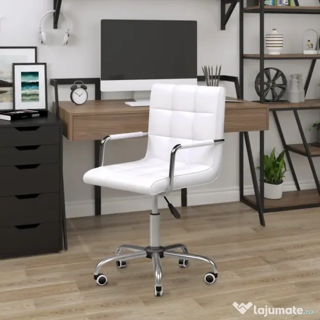 HOMCOM Scaun de Birou din Piele PU cu 5 Rotile Pivotante, Capitonaj și Înălțime Reglabilă, 52,5x54x84-99 cm, Alb | Aosom Romania