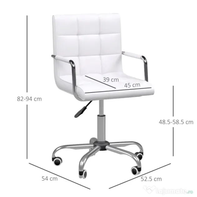HOMCOM Scaun de Birou din Piele PU cu 5 Rotile Pivotante, Capitonaj și Înălțime Reglabilă, 52,5x54x84-99 cm, Alb | Aosom Romania