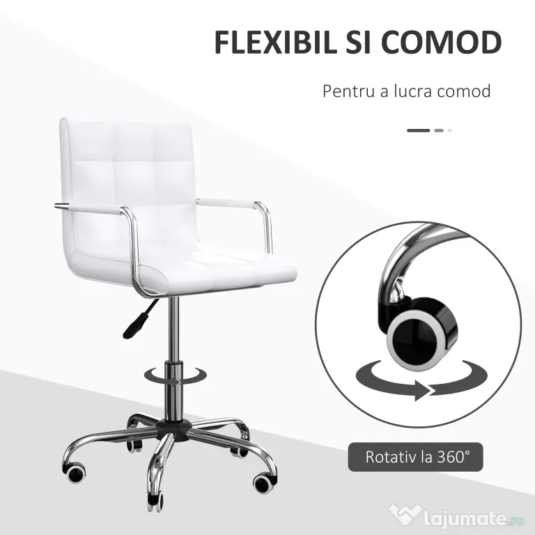 HOMCOM Scaun de Birou din Piele PU cu 5 Rotile Pivotante, Capitonaj și Înălțime Reglabilă, 52,5x54x84-99 cm, Alb | Aosom Romania