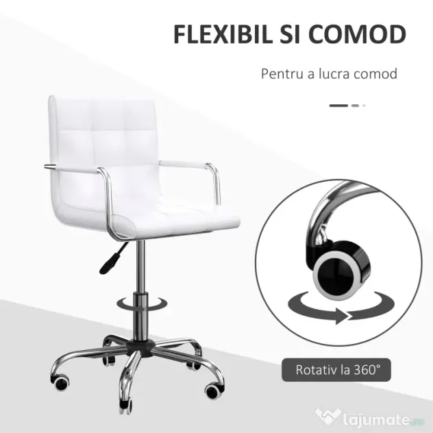 HOMCOM Scaun de Birou din Piele PU cu 5 Rotile Pivotante, Capitonaj și Înălțime Reglabilă, 52,5x54x84-99 cm, Alb | Aosom Romania