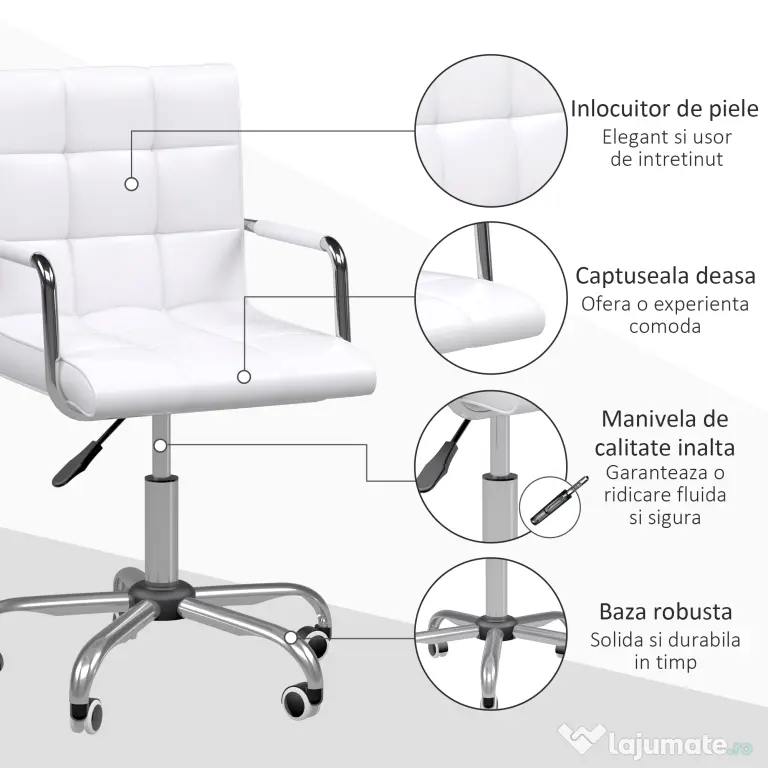 HOMCOM Scaun de Birou din Piele PU cu 5 Rotile Pivotante, Capitonaj și Înălțime Reglabilă, 52,5x54x84-99 cm, Alb | Aosom Romania