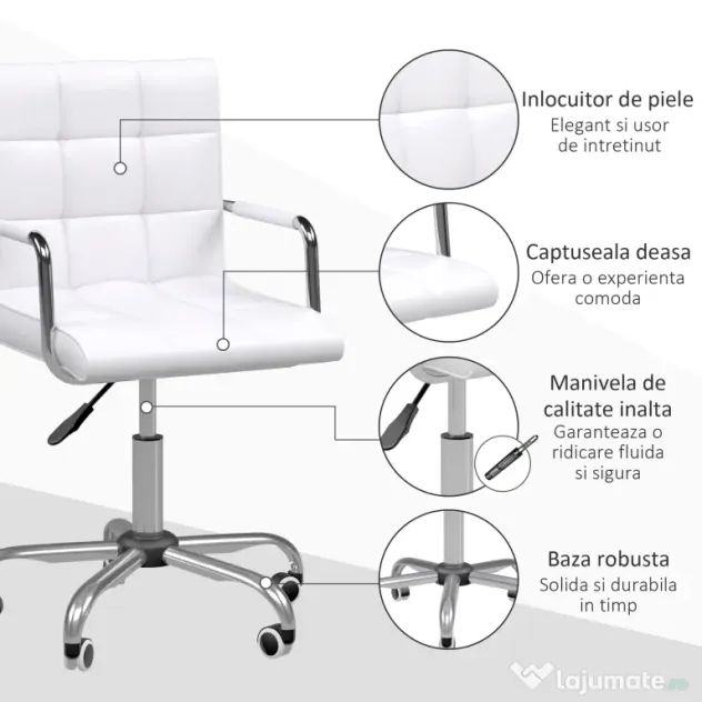 HOMCOM Scaun de Birou din Piele PU cu 5 Rotile Pivotante, Capitonaj și Înălțime Reglabilă, 52,5x54x84-99 cm, Alb | Aosom Romania