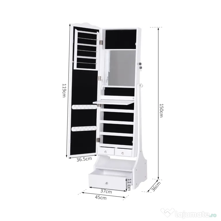 HOMCOM Dulap pentru Bijuterii cu Oglindă, Spațiu Generos de Depozitare, 45x36x150 cm | Aosom Romania