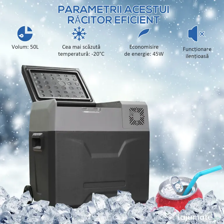 HOMCOM Frigider Auto de 50L cu Panou Touch, Mâner și 2 Roți, 58.6x37.8x54.5 cm, Gri | Aosom Romania