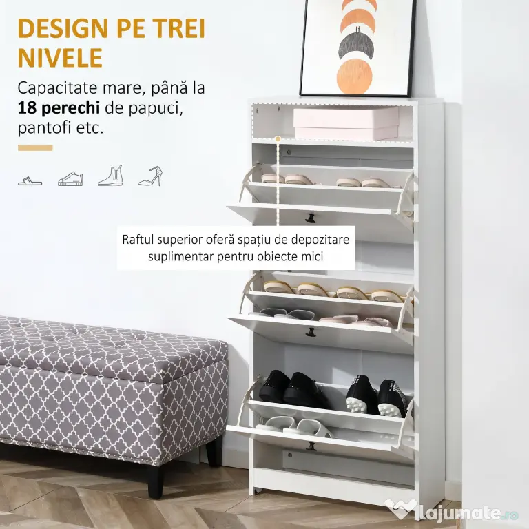 HOMCOM dulap pantofi, 3 compartimente, 60×24×132cm, alb | AOSOM RO