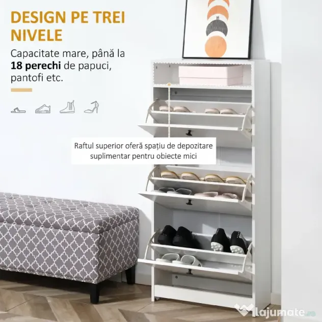 HOMCOM dulap pantofi, 3 compartimente, 60×24×132cm, alb | AOSOM RO