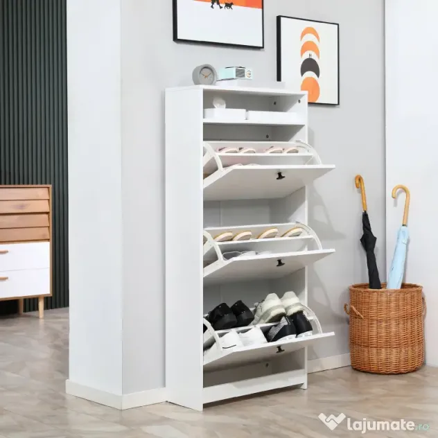 HOMCOM dulap pantofi, 3 compartimente, 60×24×132cm, alb | AOSOM RO