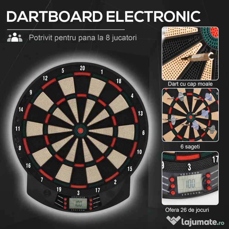 HOMCOM Țintă Electronică Darts, 6 Săgeți, Panou Scor Digital, 44x39.5x2.2cm, Negru, pentru Divertisment Acasă | Aosom Romania