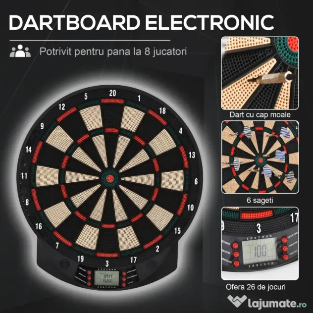 HOMCOM Țintă Electronică Darts, 6 Săgeți, Panou Scor Digital, 44x39.5x2.2cm, Negru, pentru Divertisment Acasă | Aosom Romania