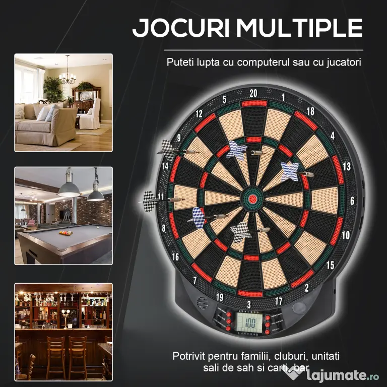 HOMCOM Țintă Electronică Darts, 6 Săgeți, Panou Scor Digital, 44x39.5x2.2cm, Negru, pentru Divertisment Acasă | Aosom Romania