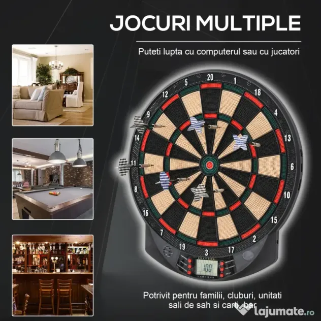 HOMCOM Țintă Electronică Darts, 6 Săgeți, Panou Scor Digital, 44x39.5x2.2cm, Negru, pentru Divertisment Acasă | Aosom Romania
