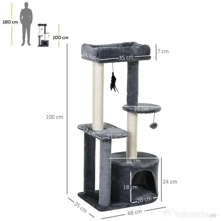 Ansamblu Multinivel PawHut pentru Pisici, Stâlpi de Zgâriat în Sisal, Material Ecologic, 147cm | Aosom Romania