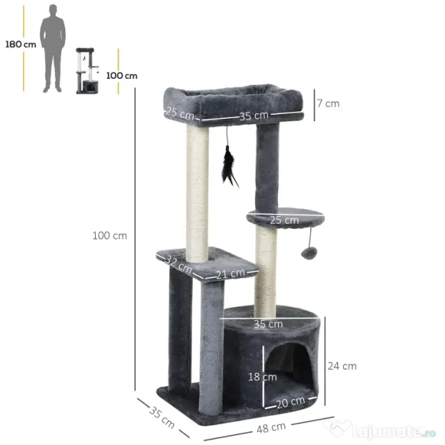 Ansamblu Multinivel PawHut pentru Pisici, Stâlpi de Zgâriat în Sisal, Material Ecologic, 147cm | Aosom Romania