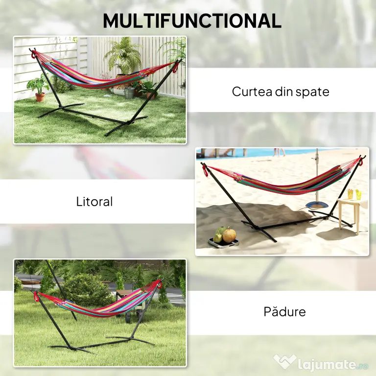 Outsunny Hamac cu Suport 310x117 cm pentru Camping cu Înălțime Reglabilă și Geantă de Transport, Capacitate 120 kg, Dungi Portocalii și Roșii | Aosom Romania