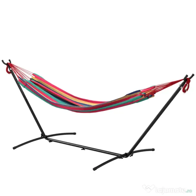 Outsunny Hamac cu Suport 310x117cm pentru Camping cu Înălțime Reglabilă și Geantă de Transport, Capacitate 120 kg, Dungi Portocaliu și Roșu