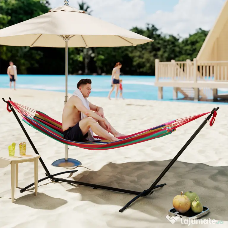Outsunny Hamac cu Suport 310x117cm pentru Camping cu Înălțime Reglabilă și Geantă de Transport, Capacitate 120 kg, Dungi Portocaliu și Roșu