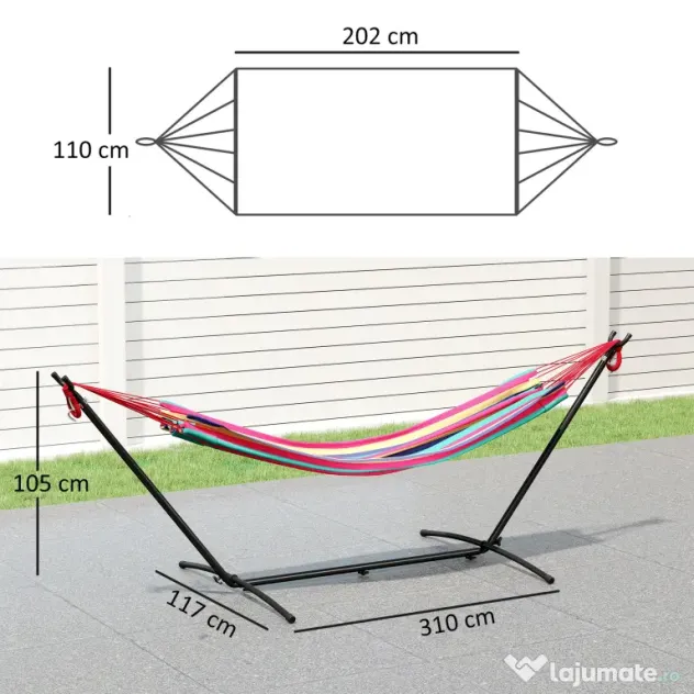 Outsunny Hamac cu Suport 310x117cm pentru Camping cu Înălțime Reglabilă și Geantă de Transport, Capacitate 120 kg, Dungi Portocaliu și Roșu