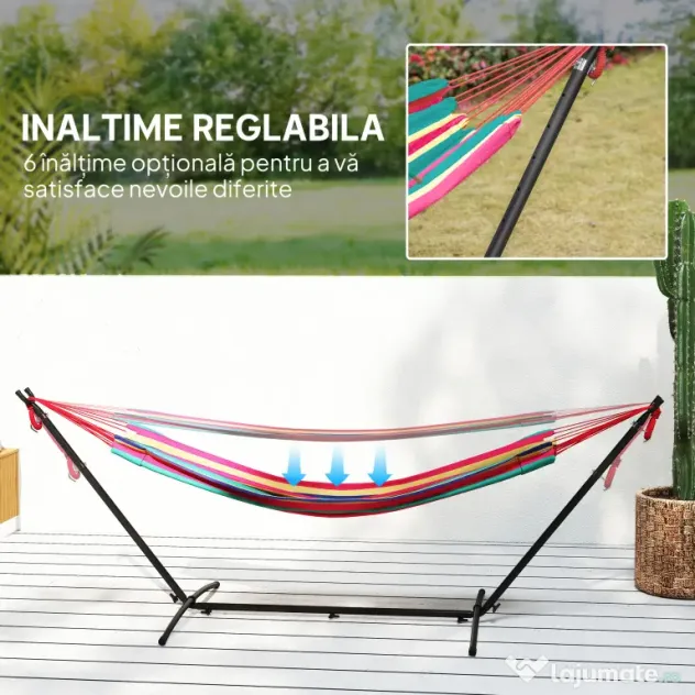 Outsunny Hamac cu Suport 310x117cm pentru Camping cu Înălțime Reglabilă și Geantă de Transport, Capacitate 120 kg, Dungi Portocaliu și Roșu