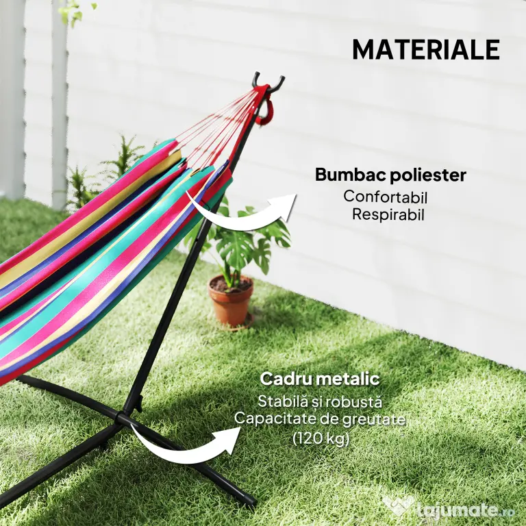 Outsunny Hamac cu Suport 310x117cm pentru Camping cu Înălțime Reglabilă și Geantă de Transport, Capacitate 120 kg, Dungi Portocaliu și Roșu