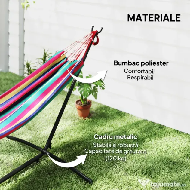 Outsunny Hamac cu Suport 310x117cm pentru Camping cu Înălțime Reglabilă și Geantă de Transport, Capacitate 120 kg, Dungi Portocaliu și Roșu