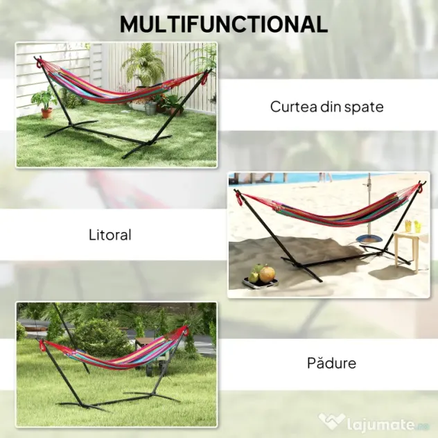 Outsunny Hamac cu Suport 310x117cm pentru Camping cu Înălțime Reglabilă și Geantă de Transport, Capacitate 120 kg, Dungi Portocaliu și Roșu
