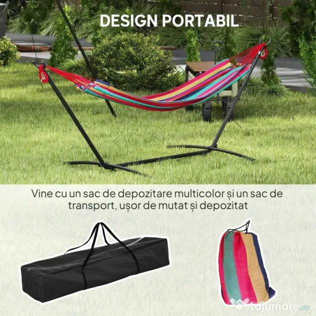 Outsunny Hamac cu Suport 310x117cm pentru Camping cu Înălțime Reglabilă și Geantă de Transport, Capacitate 120 kg, Dungi Portocaliu și Roșu