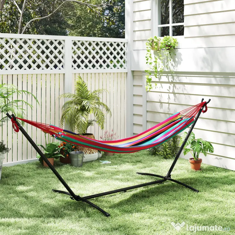 Outsunny Hamac cu Suport 310x117cm pentru Camping cu Înălțime Reglabilă și Geantă de Transport, Capacitate 120 kg, Dungi Portocaliu și Roșu