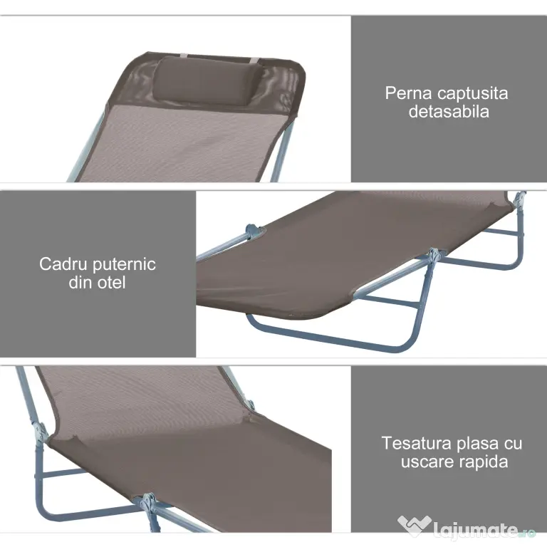 Outsunny Sezlong de Grădină Reglabil, Confortabil, din Textilena, Culoare Cafea, 182x56x28cm | Aosom Romania