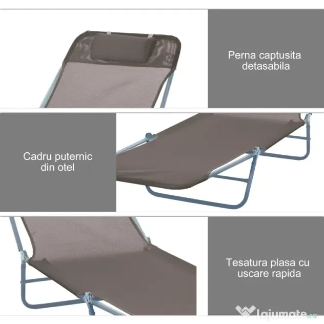 Outsunny Sezlong de Grădină Reglabil, Confortabil, din Textilena, Culoare Cafea, 182x56x28cm | Aosom Romania