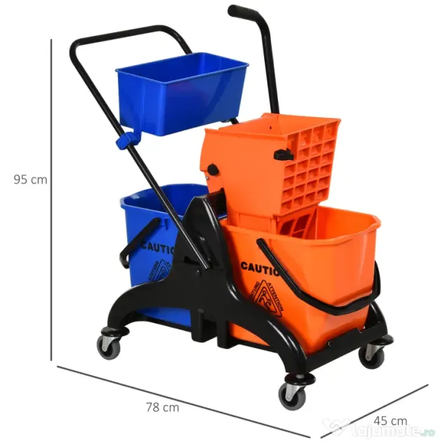 HOMCOM Cărucior Profesional de Curățenie cu 2 Găleți de 26L, Cărucior cu Presă, Mâner și 4 Roți Universale, pentru Hotel, Casă, Birou, 78x45x95 cm, Portocaliu și Albastru | Aosom Romania