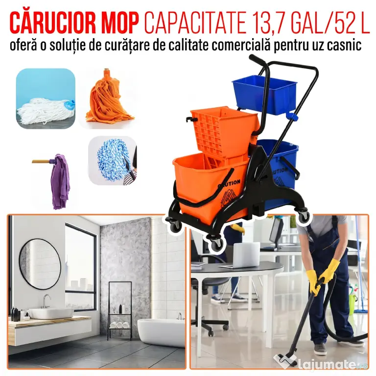 HOMCOM Cărucior Profesional de Curățenie cu 2 Găleți de 26L, Cărucior cu Presă, Mâner și 4 Roți Universale, pentru Hotel, Casă, Birou, 78x45x95 cm, Portocaliu și Albastru | Aosom Romania