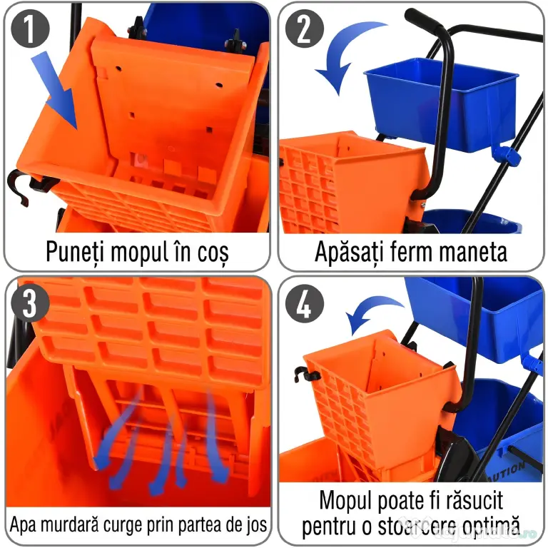 HOMCOM Cărucior Profesional de Curățenie cu 2 Găleți de 26L, Cărucior cu Presă, Mâner și 4 Roți Universale, pentru Hotel, Casă, Birou, 78x45x95 cm, Portocaliu și Albastru | Aosom Romania
