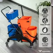 HOMCOM Cărucior Profesional de Curățenie cu 2 Găleți de 26L, Cărucior cu Presă, Mâner și 4 Roți Universale, pentru Hotel, Casă, Birou, 78x45x95 cm, Portocaliu și Albastru | Aosom Romania 