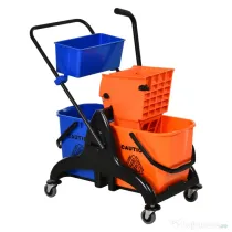 HOMCOM Cărucior Profesional de Curățenie cu 2 Găleți de 26L, Cărucior cu Presă, Mâner și 4 Roți Universale, pentru Hotel, Casă, Birou, 78x45x95 cm, Portocaliu și Albastru