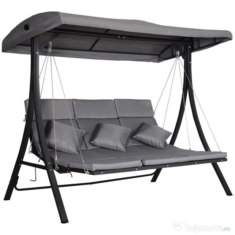 Outsunny Balansoar cu 3 scaune din material textil cu perne si acoperis reglabil gri 200 x 115 x 168 cm | Aosom Romania